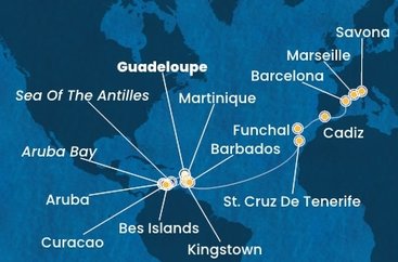 Guadeloupe, Zámořské společenství Francie, Bonaire, Aruba, Holandsko, Curacao, Martinik, Svätý Vincent a Grenadiny, Barbados, Španielsko, Portugalsko, Francúzsko, Taliansko z Pointe-à-Pitre na lodi Costa Fortuna