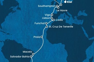 Brazília, Kapverdy, Španielsko, Portugalsko, Francúzsko, Veľká Británia, Holandsko, Nemecko z Rio de Janeira na lodi Costa Diadema