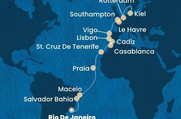 Brazília, Kapverdy, Španielsko, Maroko, Portugalsko, Francúzsko, Veľká Británia, Holandsko, Nemecko z Rio de Janeira na lodi Costa Diadema