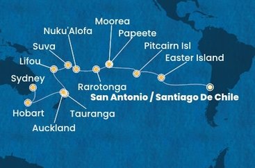 Chile, Zámořské území Velké Británie, Francouzská Polynésie, Cookovy ostrovy, Tonga, Fiji, Nová Kaledonie, Nový Zéland, Austrália ze San Antonio na lodi Costa Deliziosa