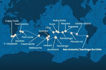 Chile, Zámořské území Velké Británie, Francouzská Polynésie, Cookovy ostrovy, Tonga, Fiji, Nová Kaledonie, Nový Zéland, Austrália, Maurícius, Madagaskar, Juhoafrická republika ze San Antonio na lodi Costa Deliziosa