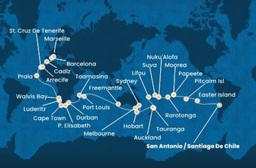 Chile, Zámořské území Velké Británie, Francouzská Polynésie, Cookovy ostrovy, Tonga, Fiji, Nová Kaledonie, Nový Zéland, Austrália, Maurícius, Madagaskar, Juhoafrická republika, Namíbia, Kapverdy, Španielsko, Francúzsko ze San Antonio na lodi Costa Deliziosa