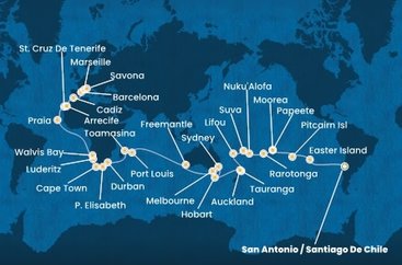 Chile, Zámořské území Velké Británie, Francouzská Polynésie, Cookovy ostrovy, Tonga, Fiji, Nová Kaledonie, Nový Zéland, Austrália, Maurícius, Madagaskar, Juhoafrická republika, Namíbia, Kapverdy, Španielsko, Francúzsko, Taliansko ze San Antonio na lodi Costa Deliziosa