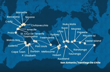 Chile, Zámořské území Velké Británie, Francouzská Polynésie, Cookovy ostrovy, Tonga, Fiji, Nová Kaledonie, Nový Zéland, Austrália, Maurícius, Madagaskar, Juhoafrická republika, Namíbia, Kapverdy, Španielsko, Francúzsko, Taliansko ze San Antonio na lodi Costa Deliziosa