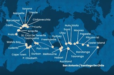 Chile, Zámořské území Velké Británie, Francouzská Polynésie, Cookovy ostrovy, Tonga, Fiji, Nová Kaledonie, Nový Zéland, Austrália, Maurícius, Madagaskar, Juhoafrická republika, Namíbia, Kapverdy, Španielsko, Francúzsko, Taliansko, Grécko ze San Antonio na lodi Costa Deliziosa