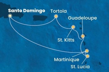 Dominikánska republika, Martinik, Svätá Lucia, Guadeloupe, Svätý Krištof a Nevis, Britské Panenské ostrovy zo Santa Dominga na lodi Costa Fascinosa