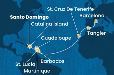 Dominikánska republika, Martinik, Guadeloupe, Svätá Lucia, Barbados, Španielsko, Maroko zo Santa Dominga na lodi Costa Fascinosa