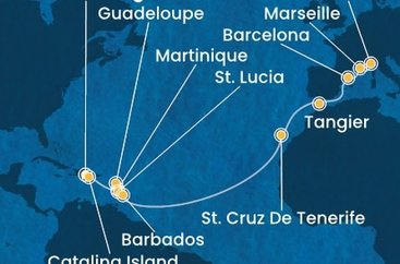 Dominikánska republika, Martinik, Guadeloupe, Svätá Lucia, Barbados, Španielsko, Maroko, Francúzsko, Taliansko zo Santa Dominga na lodi Costa Fascinosa