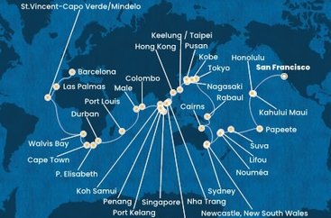 USA, Francouzská Polynésie, Fiji, Nová Kaledonie, Austrália, , Papua Nová Guinea, Japonsko, Južná Kórea, Tchaj-wan, Čína, Vietnam, Thajsko, Singapur, Malajzia, Srí Lanka, Maledivy, Maurícius, Juhoafrická republika, Namíbia, Kapverdy, Španielsko zo San Francisca na lodi Costa Deliziosa