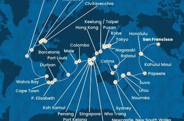 USA, Francouzská Polynésie, Fiji, Nová Kaledonie, Austrália, , Papua Nová Guinea, Japonsko, Južná Kórea, Tchaj-wan, Čína, Vietnam, Thajsko, Singapur, Malajzia, Srí Lanka, Maledivy, Maurícius, Juhoafrická republika, Namíbia, Kapverdy, Španielsko, Francúzsko, Taliansko zo San Francisca na lodi Costa Deliziosa