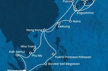 Singapur, Brunej, Filipíny, Čína, Tchaj-wan, Japonsko, Južná Kórea, Vietnam, Thajsko zo Singapuru na lodi Costa Serena