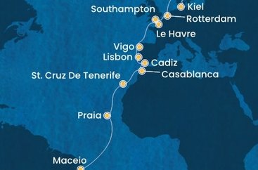 Brazília, Kapverdy, Španielsko, Maroko, Portugalsko, Francúzsko, Veľká Británia, Holandsko, Nemecko zo Salvadoru na lodi Costa Diadema