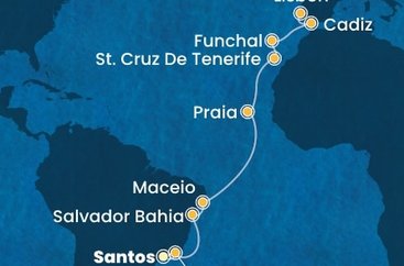 Brazília, Kapverdy, Španielsko, Portugalsko zo Santosu na lodi Costa Diadema