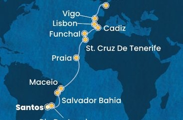 Brazília, Kapverdy, Španielsko, Portugalsko, Francúzsko zo Santosu na lodi Costa Diadema