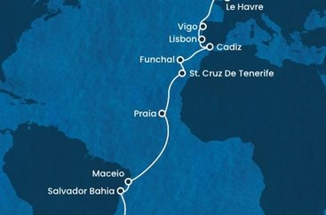 Brazília, Kapverdy, Španielsko, Portugalsko, Francúzsko, Veľká Británia zo Santosu na lodi Costa Diadema