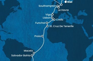 Brazília, Kapverdy, Španielsko, Portugalsko, Francúzsko, Veľká Británia, Holandsko, Nemecko zo Santosu na lodi Costa Diadema