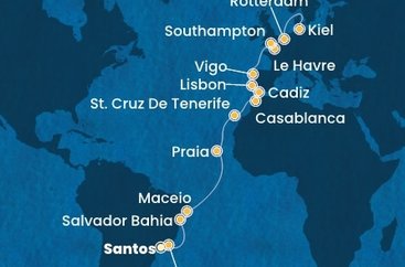 Brazília, Kapverdy, Španielsko, Maroko, Portugalsko, Francúzsko, Veľká Británia, Holandsko, Nemecko zo Santosu na lodi Costa Diadema