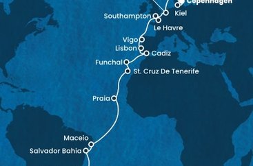 Brazília, Kapverdy, Španielsko, Portugalsko, Francúzsko, Veľká Británia, Holandsko, Nemecko, Dánsko zo Santosu na lodi Costa Diadema