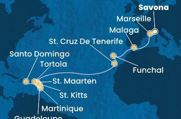 Taliansko, Francúzsko, Španielsko, Portugalsko, Svatý Martin, Martinik, Guadeloupe, Svätý Krištof a Nevis, Britské Panenské ostrovy, Dominikánska republika zo Savony na lodi Costa Fascinosa