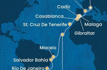 Taliansko, Španielsko, Gibraltár, Maroko, Kapverdy, Brazília zo Savony na lodi Costa Diadema