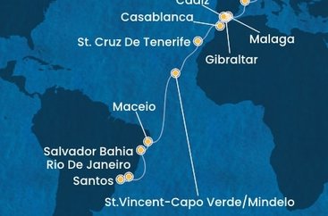 Taliansko, Španielsko, Gibraltár, Maroko, Kapverdy, Brazília zo Savony na lodi Costa Diadema