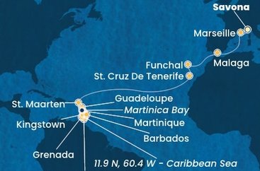 Taliansko, Francúzsko, Španielsko, Portugalsko, Svatý Martin, Martinik, Guadeloupe, Zámořské společenství Francie, Trinidad a Tobago, Grenada, Svätý Vincent a Grenadiny, Barbados zo Savony na lodi Costa Fortuna