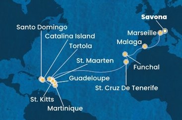 Taliansko, Francúzsko, Španielsko, Portugalsko, Svatý Martin, Martinik, Guadeloupe, Svätý Krištof a Nevis, Britské Panenské ostrovy, Dominikánska republika zo Savony na lodi Costa Fascinosa