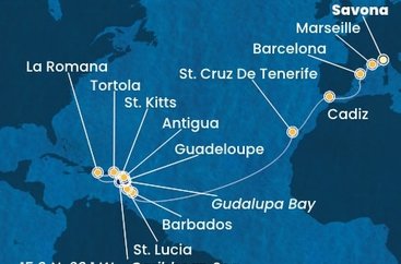 Taliansko, Francúzsko, Španielsko, Barbados, Guadeloupe, Svätý Krištof a Nevis, Britské Panenské ostrovy, Dominikánska republika, Svätá Lucia, Zámořské společenství Francie, Antigua a Barbuda zo Savony na lodi Costa Fascinosa