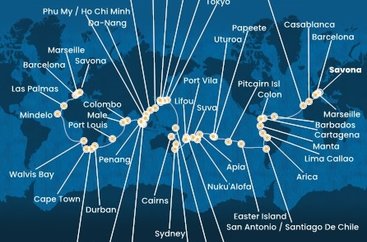 Taliansko, Francúzsko, Španielsko, Maroko, Barbados, Kolumbia, Panama, Ekvádor, Peru, Chile, Zámořské území Velké Británie, Francouzská Polynésie, Samoa, Tonga, Fiji, Vanuatská republika, Nová Kaledonie, Austrália, Papua Nová Guinea, Japonsko, Južná Kórea, Tchaj-wan, Čína, Vietnam, Singapur, Malajzia, Srí Lanka, Maledivy, Maurícius, Juhoafrická republika, Namíbia, Kapverdy zo Savony na lodi Costa Deliziosa