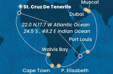 Španielsko, Namíbia, Juhoafrická republika, , Maurícius, Omán, Spojené arabské emiráty z Tenerife na lodi Costa Smeralda