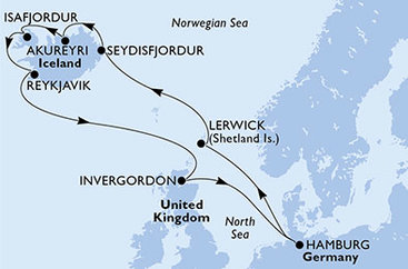 Nemecko, Veľká Británia, Island z Hamburgu na lodi MSC Preziosa