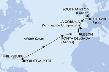 Guadeloupe, Svatý Martin, Portugalsko, Španielsko, Francúzsko, Veľká Británia z Pointe-à-Pitre na lodi MSC Virtuosa