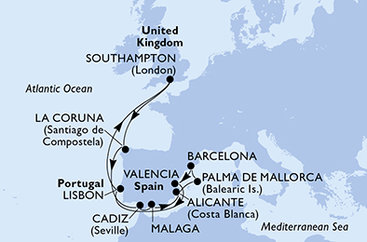 Veľká Británia, Španielsko, Portugalsko zo Southamptonu na lodi MSC Virtuosa