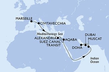 Francúzsko, Taliansko, Egypt, Jordánsko, Omán, Katar, Spojené arabské emiráty z Marseille na lodi MSC Euribia