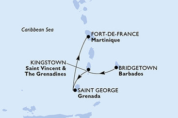 Barbados, Svätý Vincent a Grenadiny, Grenada, Martinik z Bridgetownu na lodi MSC Virtuosa