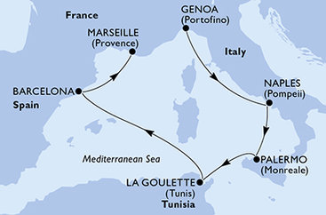 Taliansko, Tunisko, Španielsko, Francúzsko z Janova na lodi MSC Fantasia