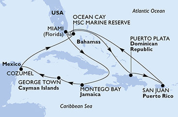 USA, Jamajka, Kajmanské ostrovy, Mexiko, Bahamy, Dominikánska republika z Miami na lodi MSC Seascape