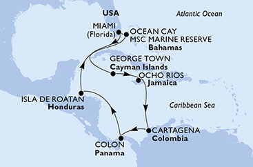 USA, Kajmanské ostrovy, Jamajka, Kolumbia, Panama, Honduras, Bahamy z Miami na lodi MSC Divina