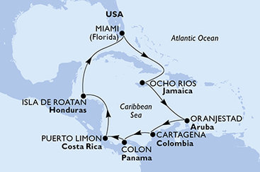 USA, Jamajka, Aruba, Kolumbia, Panama, Kostarika, Honduras z Miami na lodi MSC Divina