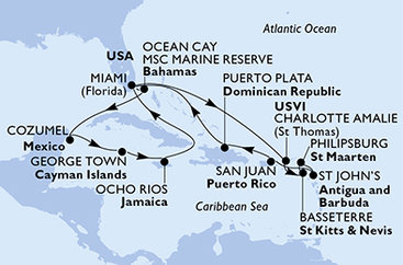 USA, Svätý Krištof a Nevis, Svatý Martin, Antigua a Barbuda, Dominikánska republika, Bahamy, Mexiko, Kajmanské ostrovy, Jamajka z Miami na lodi MSC Divina