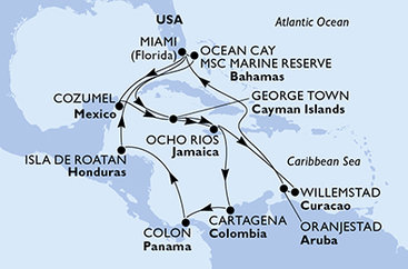 USA, Kajmanské ostrovy, Jamajka, Kolumbia, Panama, Honduras, Bahamy, Mexiko, Curacao, Aruba z Miami na lodi MSC Divina