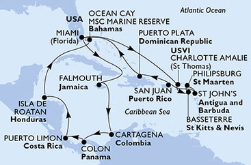 USA, Jamajka, Kolumbia, Panama, Kostarika, Honduras, Bahamy, Svätý Krištof a Nevis, Svatý Martin, Antigua a Barbuda, Dominikánska republika z Miami na lodi MSC Divina