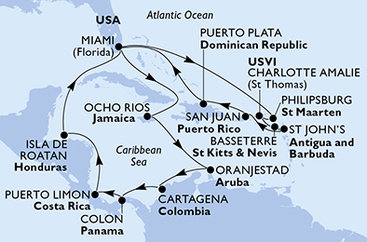 USA, Jamajka, Aruba, Kolumbia, Panama, Kostarika, Honduras, Svatý Martin, Svätý Krištof a Nevis, Antigua a Barbuda, Dominikánska republika z Miami na lodi MSC Divina