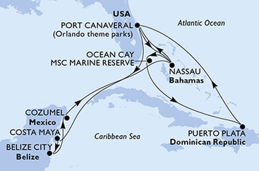 USA, Bahamy, Dominikánska republika, Mexiko, Belize z Port Canaveralu na lodi MSC Grandiosa