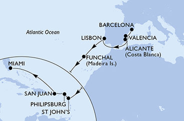 Španielsko, Portugalsko, Antigua a Barbuda, Svatý Martin, USA z Barcelony na lodi MSC Divina