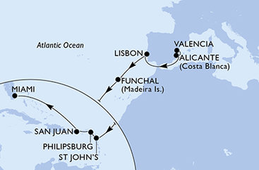 Španielsko, Portugalsko, Antigua a Barbuda, Svatý Martin, USA z Valencie na lodi MSC Divina