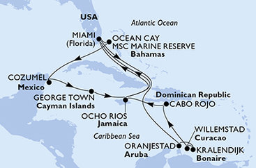 USA, Aruba, Bonaire, Curacao, Dominikánska republika, Jamajka, Bahamy, Mexiko, Kajmanské ostrovy z Miami na lodi MSC Divina