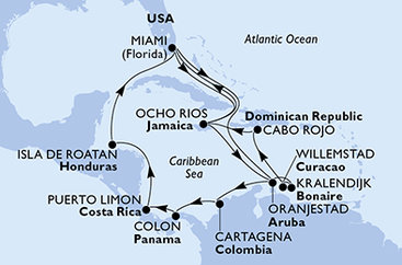 USA, Jamajka, Aruba, Kolumbia, Panama, Kostarika, Honduras, Bonaire, Curacao, Dominikánska republika z Miami na lodi MSC Divina