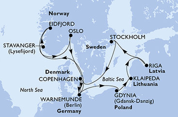 Nemecko, Nórsko, Dánsko, Poľsko, Litva, Lotyšsko, Švédsko z Warnemünde na lodi MSC Poesia