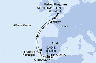 Veľká Británia, Francúzsko, Portugalsko, Gibraltár, Španielsko zo Southamptonu na lodi MSC Virtuosa